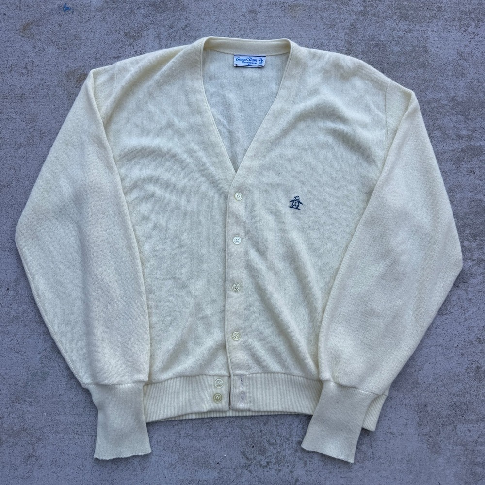 Vintage‎ 60s Grand Slam Munsingwear Cream Yellow Cardigan XL Penguin Logo V-Neck